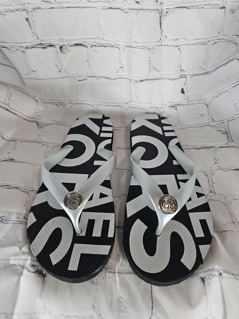 Michael Kors Men's Black & Silver Logo Flip Flops